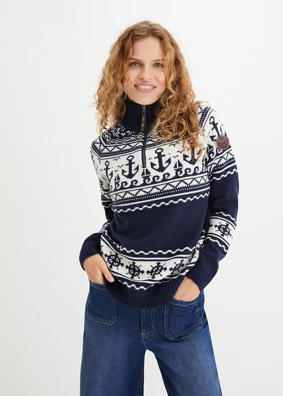 Maritimer Norweger-Pullover in blau von vorne (im Anschnitt) - bonprix