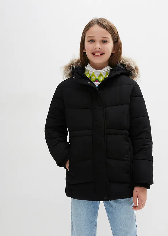 warm gefütterte Steppjacke mit Fellkapuze in schwarz von vorne (im Anschnitt) - bonprix