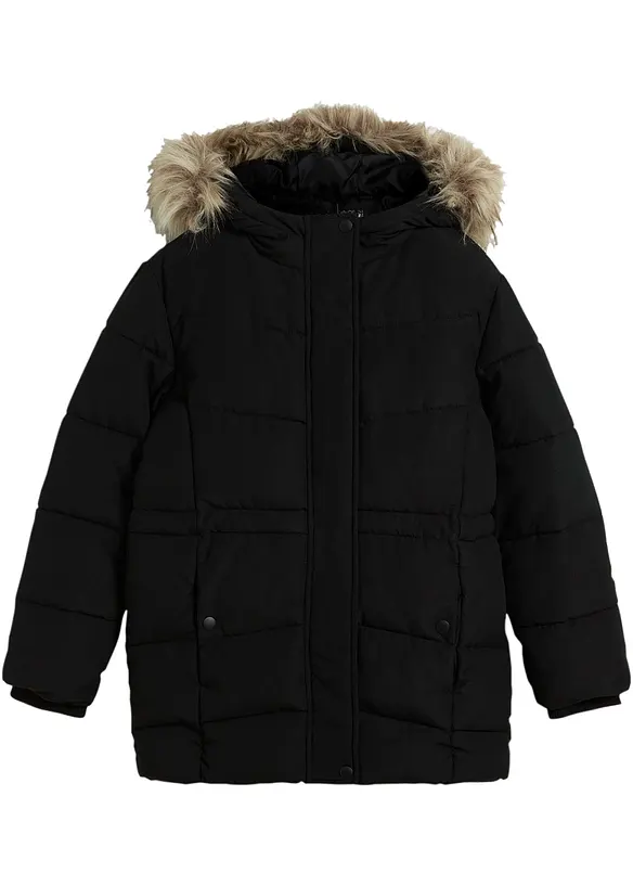 warm gefütterte Steppjacke mit Fellkapuze in schwarz von vorne - bonprix