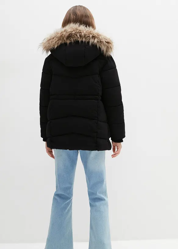 warm gefütterte Steppjacke mit Fellkapuze in schwarz von hinten (im Anschnitt) - bonprix