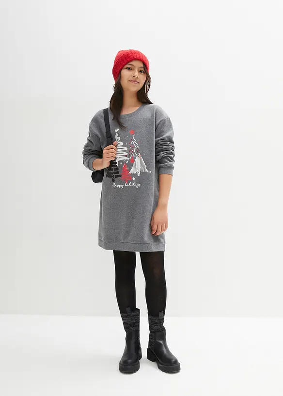 Sweatkleid mit Pailletten in grau von vorne (Totalaufnahme) - bonprix