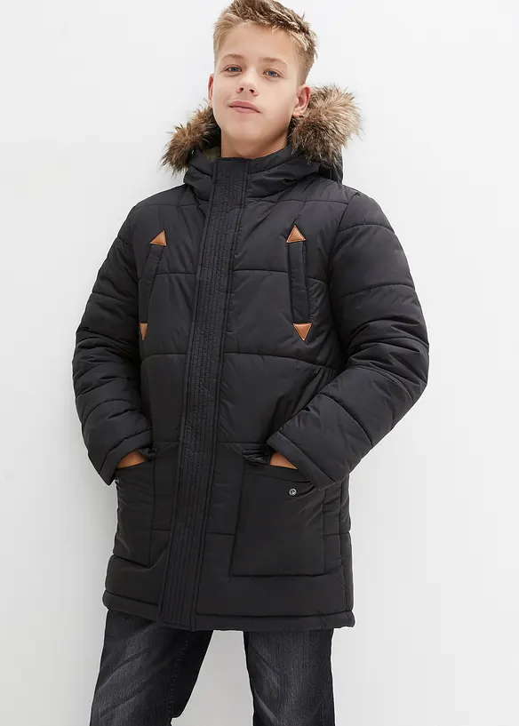 Winterparka mit Lederimitat-Details und Fellkapuze in schwarz von vorne (im Anschnitt) - bonprix