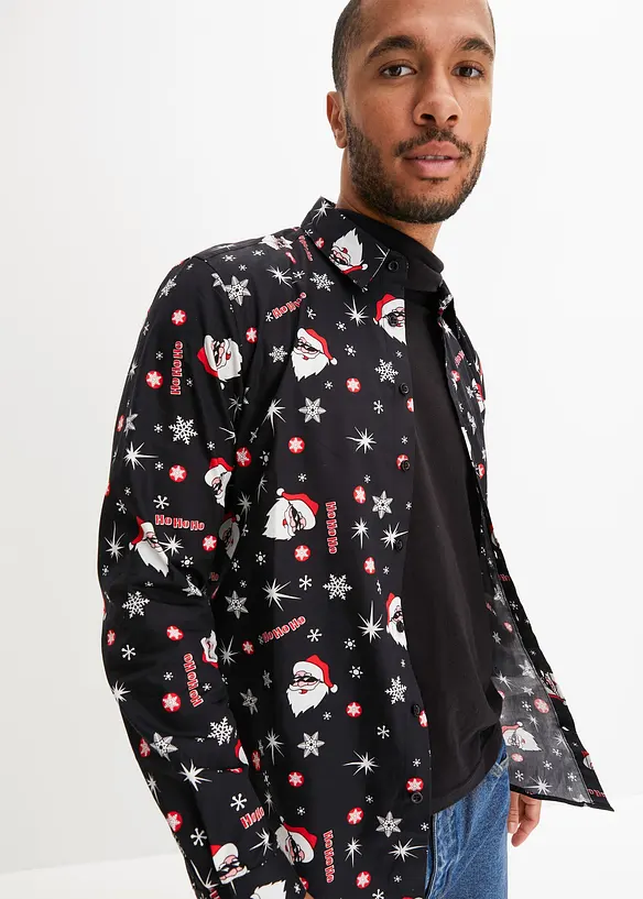 Langarmhemd mit Weihnachts-Druck aus reiner Baumwolle, Slim Fit in schwarz von vorne (im Anschnitt) - bonprix