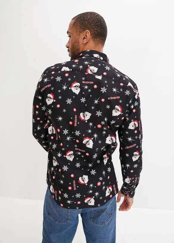 Langarmhemd mit Weihnachts-Druck aus reiner Baumwolle, Slim Fit in schwarz von hinten (im Anschnitt) - bonprix