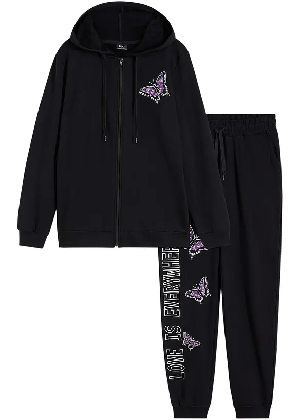 Loungewear Hausanzug aus Sweatware in schwarz von vorne - bonprix