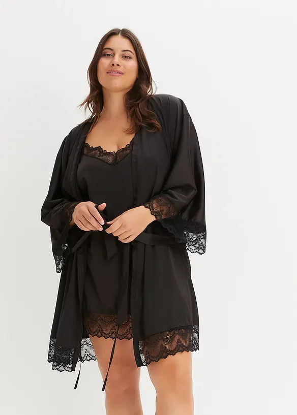 Morgenmantel-Set: Kimono + Negligé (2-tlg. Set) in schwarz von vorne (Totalaufnahme) - bonprix