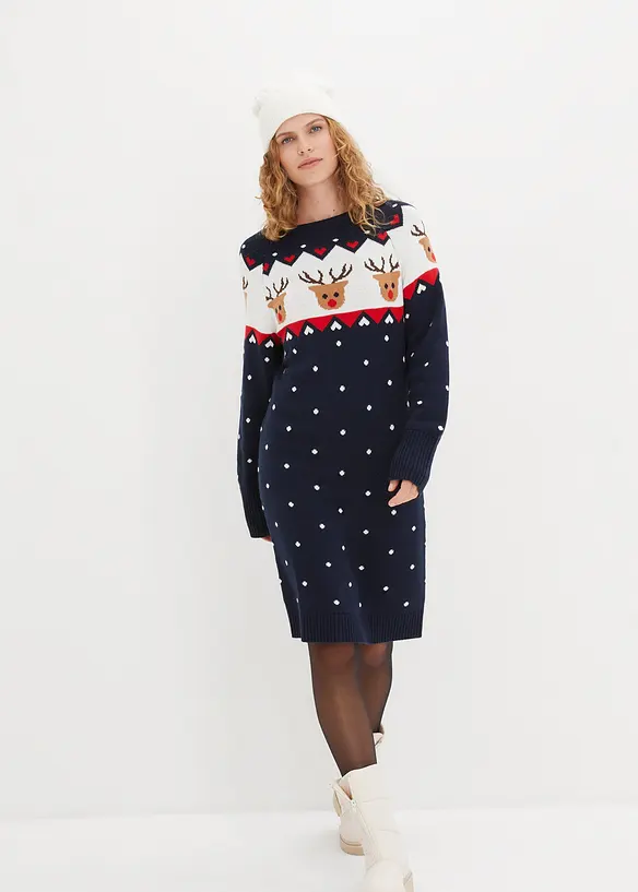 Strickkleid mit Weihnachtsmotiv in blau von vorne (Totalaufnahme) - bonprix Strickkleid mit Weihnachtsmotiv in blau von vorne (Totalaufnahme) - bonprix