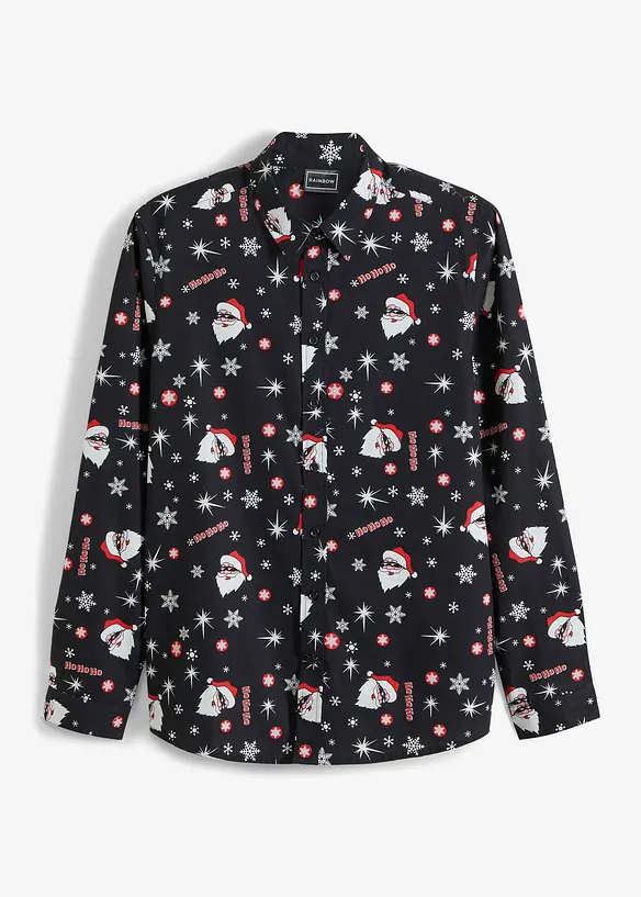 Langarmhemd mit Weihnachts-Druck aus reiner Baumwolle, Slim Fit in schwarz von vorne - bonprix