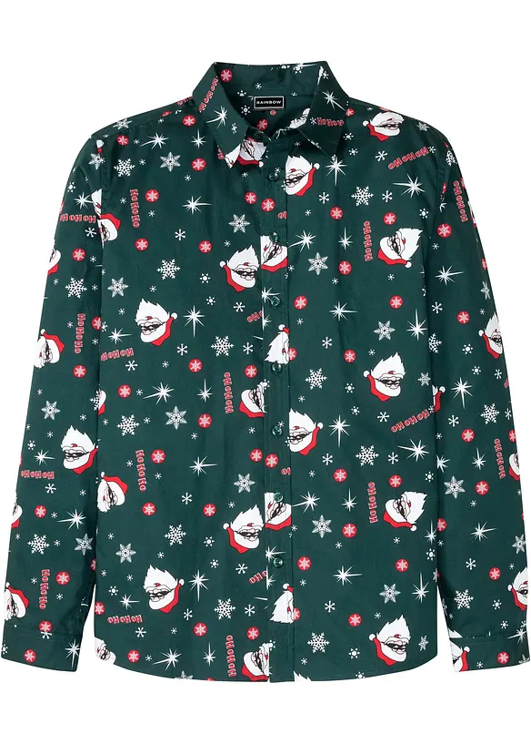 Langarmhemd mit Weihnachts-Druck aus reiner Baumwolle, Slim Fit in grün von vorne - bonprix