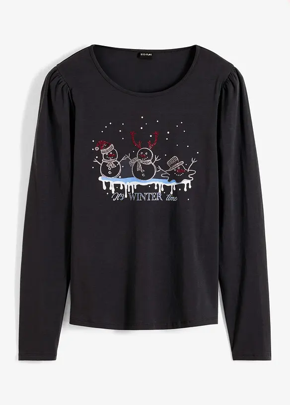 Langarmshirt mit Weihnachtsmotiv in schwarz von vorne - BODYFLIRT