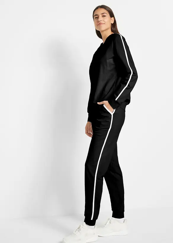 Jogginganzug aus reiner Baumwolle (2-tlg.Set) in schwarz von vorne (Totalaufnahme) - bonprix