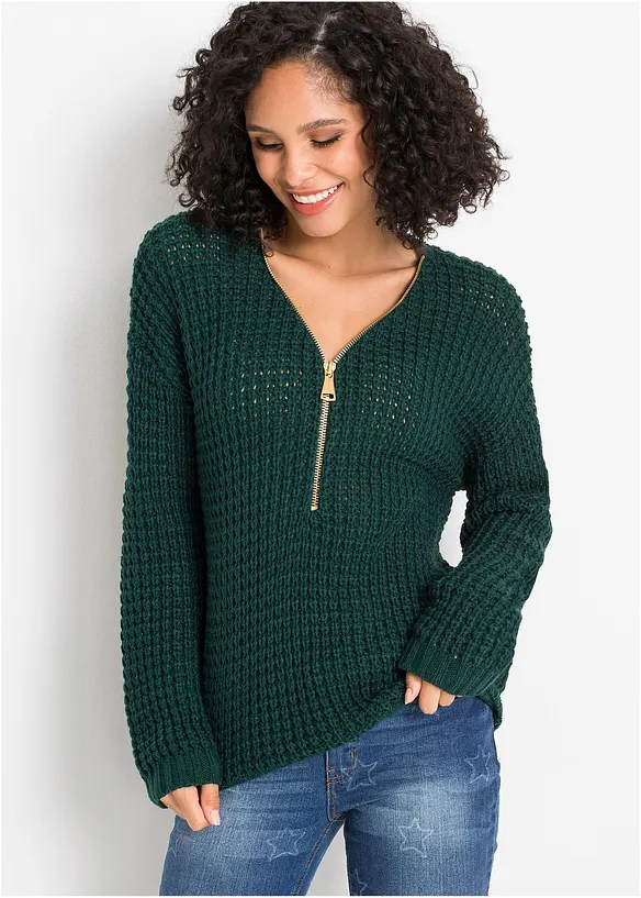 Grobstrick-Pullover mit Reißverschluss-Detail in grün von vorne (im Anschnitt) - bonprix
