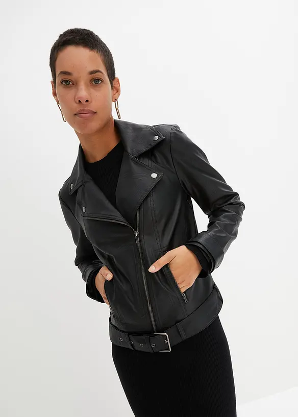 Biker-Jacke in schwarz von vorne (im Anschnitt) - bonprix