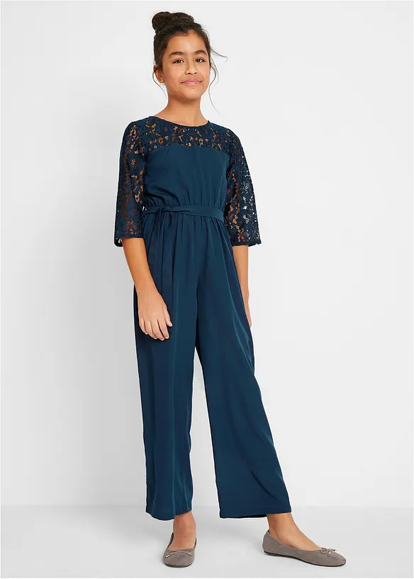Jumpsuit mit Spitze in blau von vorne (Totalaufnahme) - bonprix