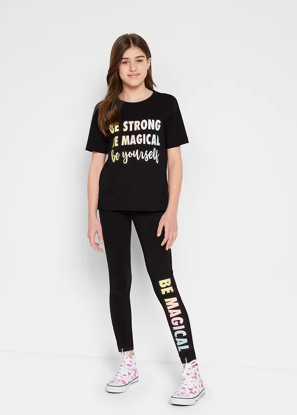T-Shirt + Leggings aus reiner Baumwolle (2tlg. Set) in schwarz von vorne (Totalaufnahme) - bonprix