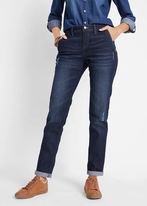 Boyfriend-Jeans Mid Waist, Komfort-Stretch in blau von vorne - bonprix