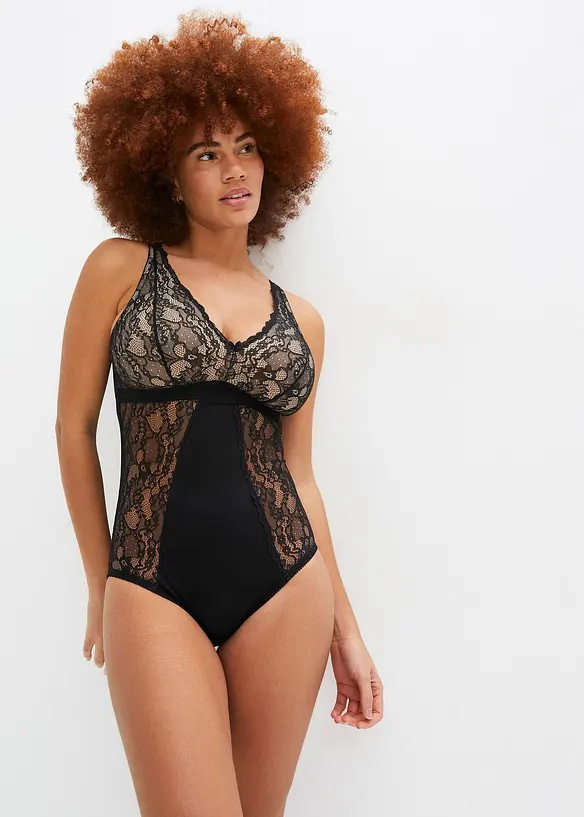 Body ohne Bügel mit zarter Spitze in schwarz von vorne (Totalaufnahme) - bonprix
