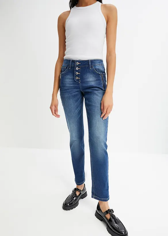 Boyfriend Jeans Mid Waist in blau von vorne - bonprix
