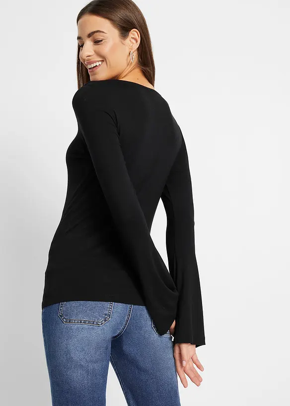 Langarmshirt mit Herz-Ausschnitt in schwarz von hinten (im Anschnitt) - bonprix