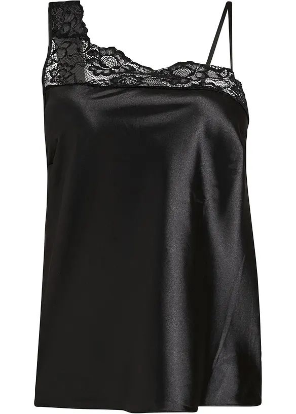 One Shoulder Satin Top mit abnehmbarem Spaghetti-Träger in schwarz von vorne - BODYFLIRT