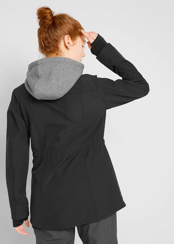 wasserabweisende Softshell-Longjacke, 2 in 1-Optik in schwarz von hinten (im Anschnitt) - bonprix