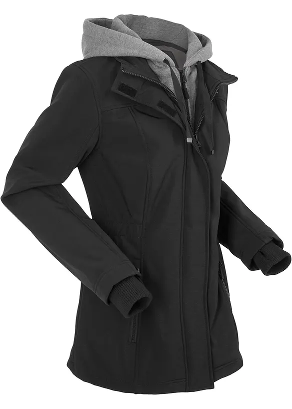 wasserabweisende Softshell-Longjacke, 2 in 1-Optik in schwarz von vorne - bonprix
