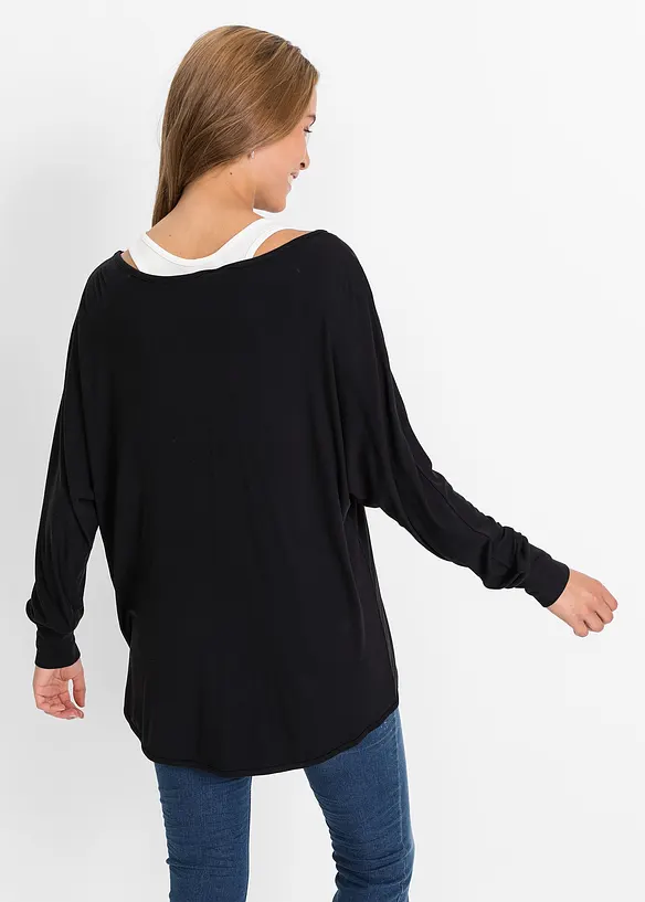 Longshirt mit Top aus Viskose-Mix in schwarz von hinten (im Anschnitt) - bonprix