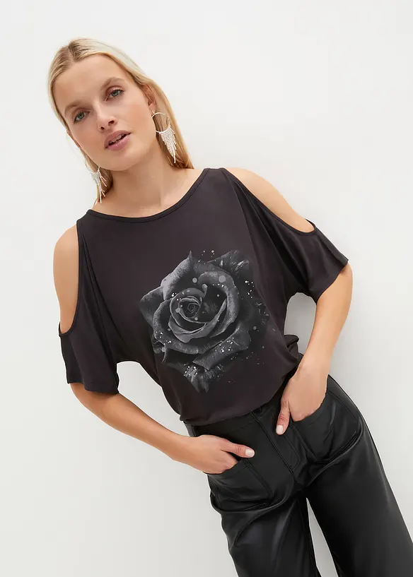 Cold-Shoulder-Shirt aus Viskose in schwarz von vorne (im Anschnitt) - bonprix Cold-Shoulder-Shirt aus Viskose in schwarz von vorne (im Anschnitt) - bonprix
