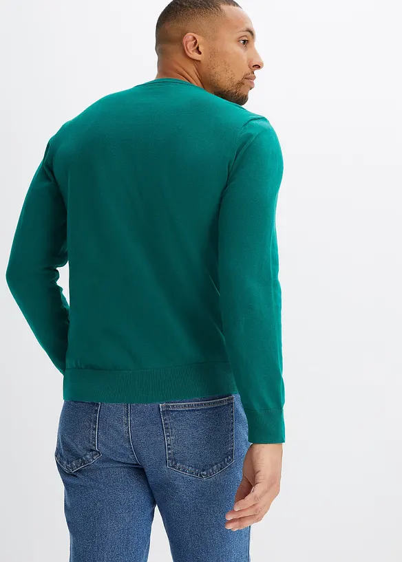 Feinstrickpullover aus weichem Baumwollmix in grün von hinten (im Anschnitt) - bonprix