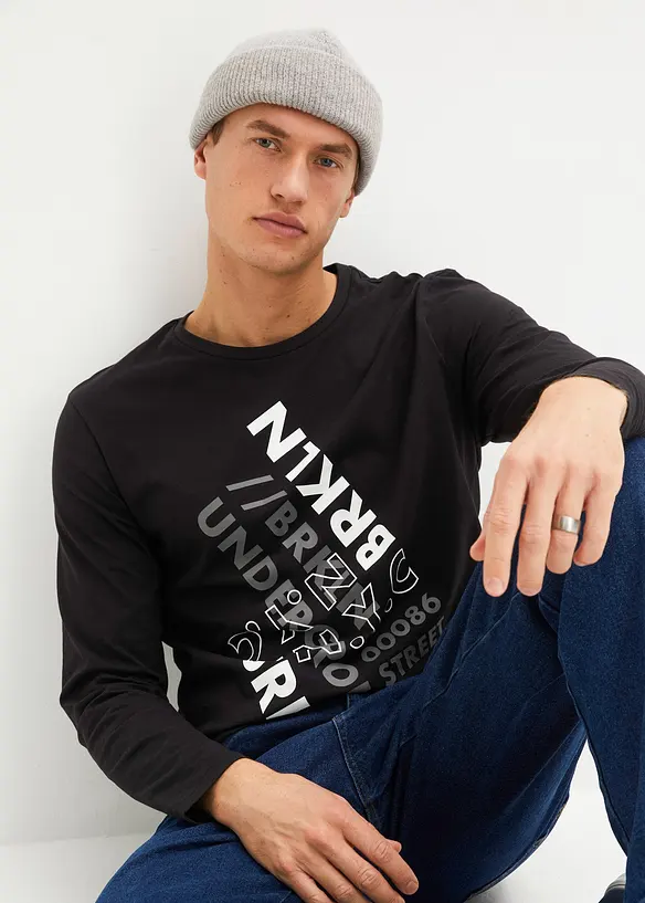 Langarmshirt aus reiner Bio Baumwolle in schwarz von vorne (im Anschnitt) - bonprix
