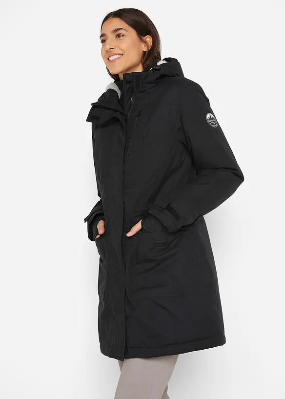 wasserdichte Funktions-Parka mit Teddyfleece in der Kapuze in schwarz von vorne (im Anschnitt) - bonprix