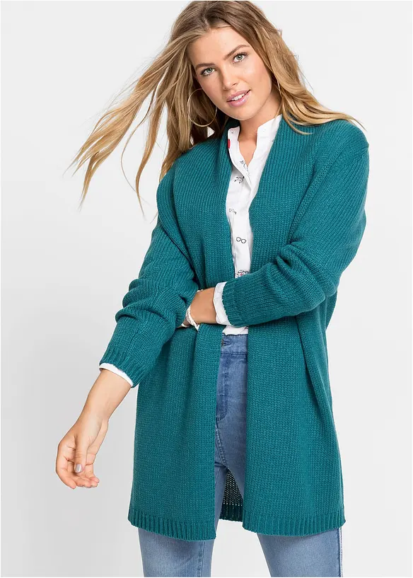 Longstrickjacke in petrol von vorne (im Anschnitt) - bonprix
