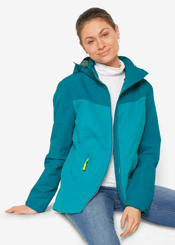 wasserdichte Funktions-Jacke mit Kapuze in petrol von vorne (im Anschnitt) - bonprix