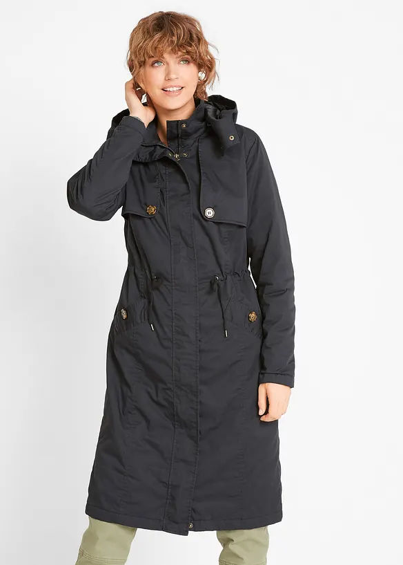 Langer Trenchcoat mit Kapuze, tailliert,  leicht wattiert in schwarz von vorne (Totalaufnahme) - bonprix