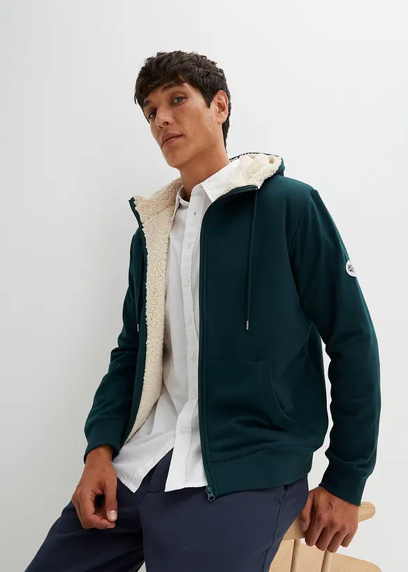 Thermo-Sweatjacke mit flauschigem Teddyfleece in grün von vorne (im Anschnitt) - bonprix