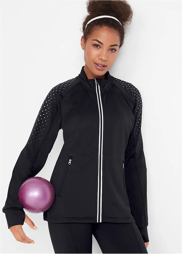 Thermo Sportjacke mit reflektierendem Druck, schnelltrocknend in schwarz von vorne (im Anschnitt) - bonprix