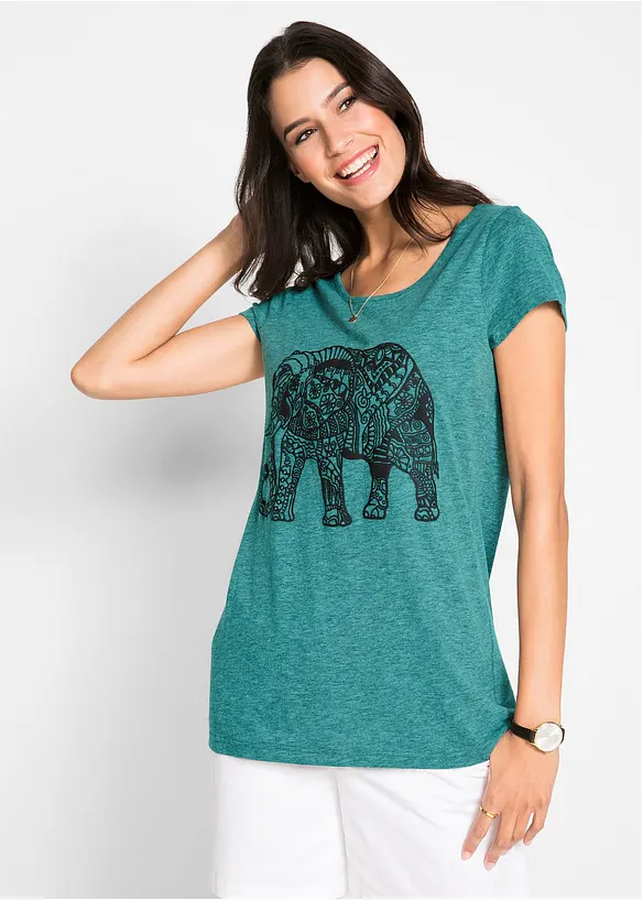 Shirt mit platziertem Print aus Bio-Baumwolle, kurzarm in petrol von vorne (im Anschnitt) - bonprix