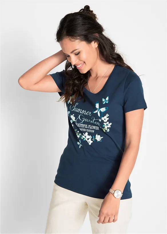Baumwoll Shirt, Kurzarm in blau von vorne (im Anschnitt) - bonprix Baumwoll Shirt, Kurzarm in blau von vorne (im Anschnitt) - bonprix