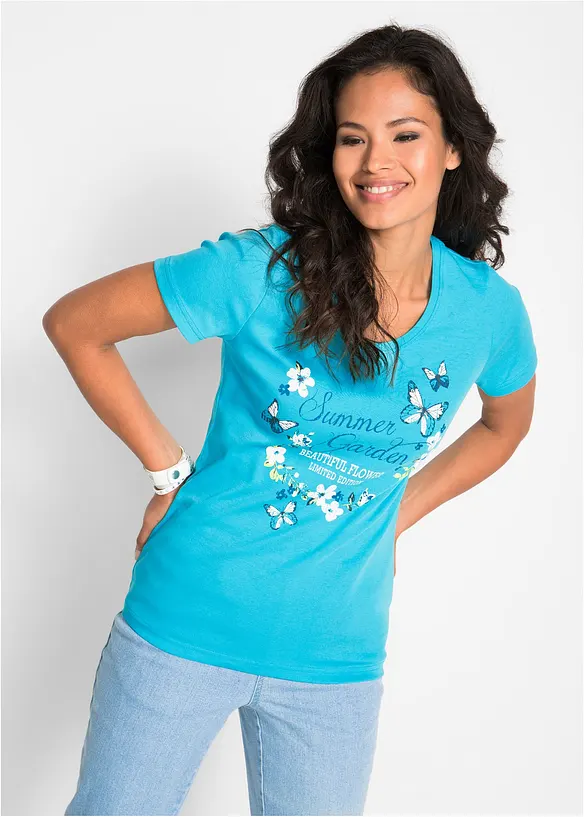 Baumwoll Shirt, Kurzarm in blau von vorne (im Anschnitt) - bonprix