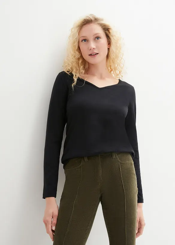 Figurbetontes Langarmshirt (2er Pack) in schwarz von vorne (im Anschnitt) - bonprix Figurbetontes Langarmshirt (2er Pack) in schwarz von vorne (im Anschnitt) - bonprix