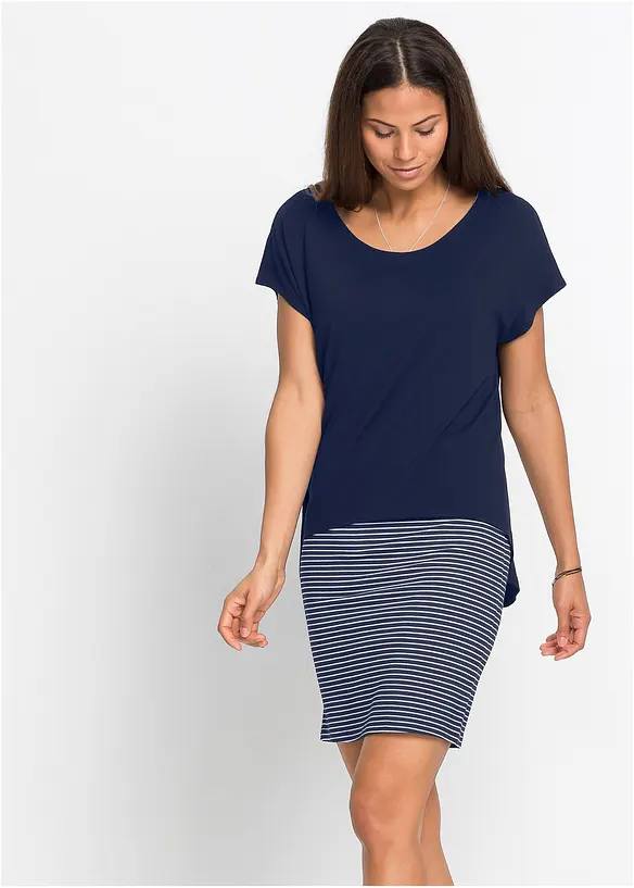 Jerseykleid mit Streifenrock in blau von vorne (Totalaufnahme) - bonprix