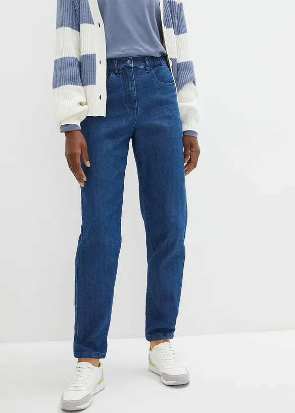 Mom-Jeans, High Waist, Stretch in blau von vorne - bonprix