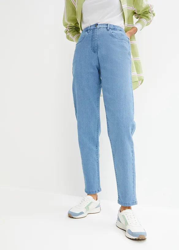 Mom-Jeans, High Waist, Stretch in blau von vorne - bonprix