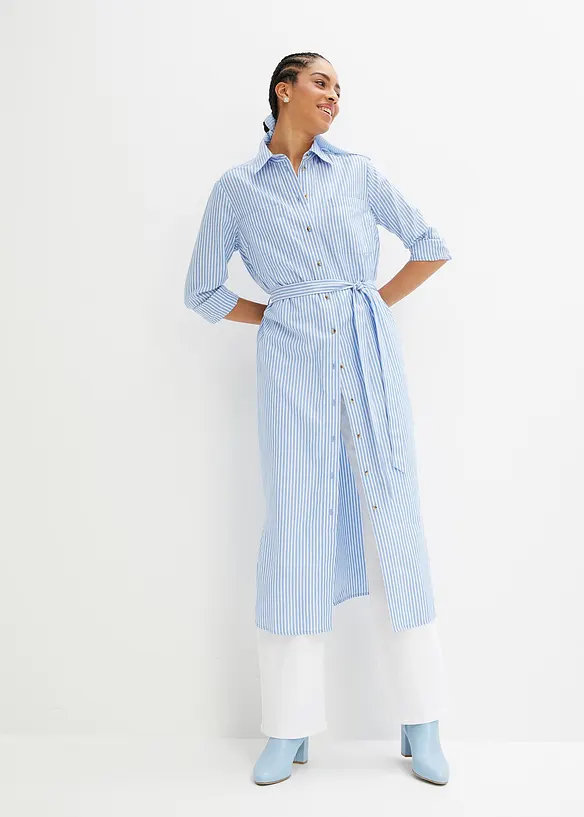 Gestreiftes Blusenkleid mit Bindeband in blau von vorne (Totalaufnahme) - bonprix