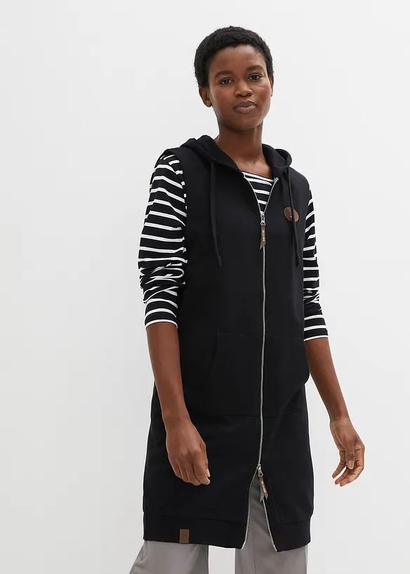 Long-Sweatweste mit Kapuze aus Baumwoll-Mix in schwarz von vorne (im Anschnitt) - bonprix