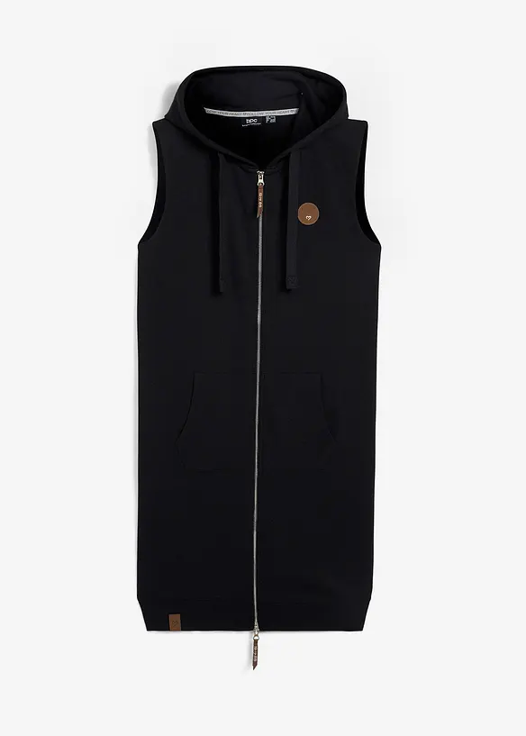 Long-Sweatweste mit Kapuze aus Baumwoll-Mix in schwarz von vorne - bonprix