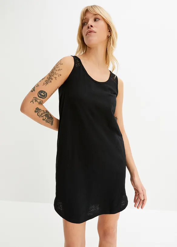 Shirtkleid aus Baumwolle mit Spitze in schwarz von vorne (Totalaufnahme) - bonprix