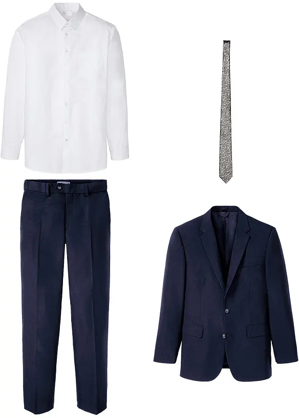 Anzug (4-tlg.Set): Sakko, Hose, Hemd, Krawatte in blau von vorne - bonprix