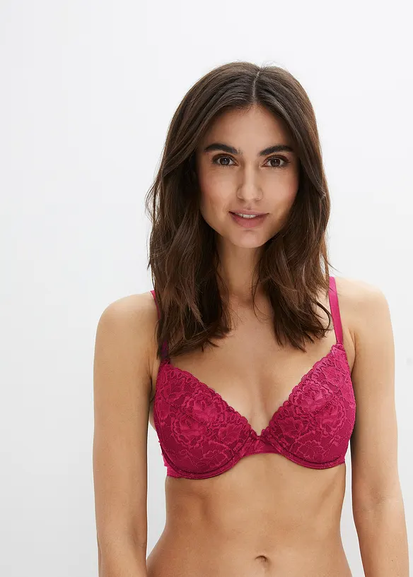 Push-up-BH mit feiner Spitze (3er Pack) in pink von vorne (im Anschnitt) - bonprix
