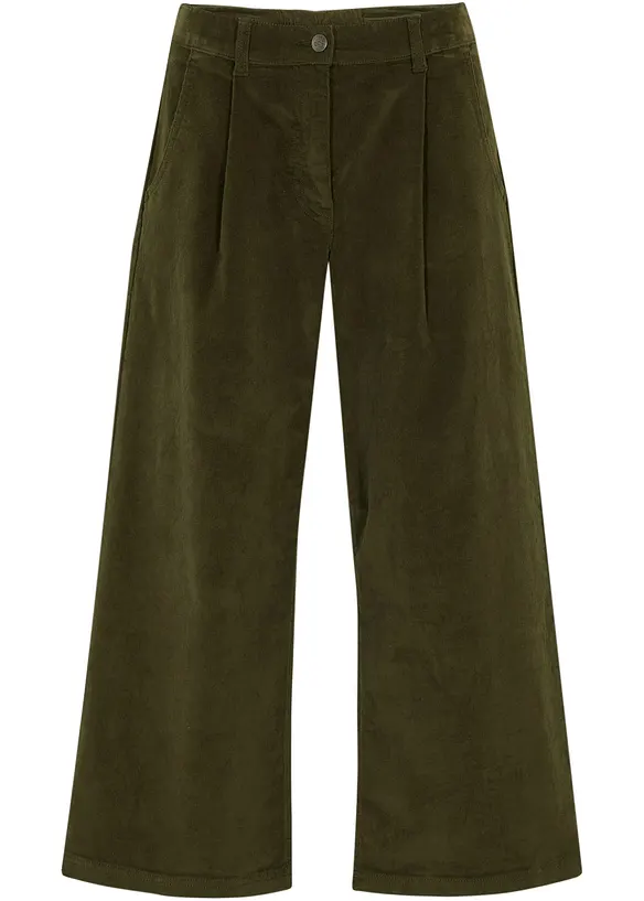 Weite Stretchcord-Culotte mit High-Waist-Bequembund, 7/8-Länge in grün von vorne - bpc bonprix collection